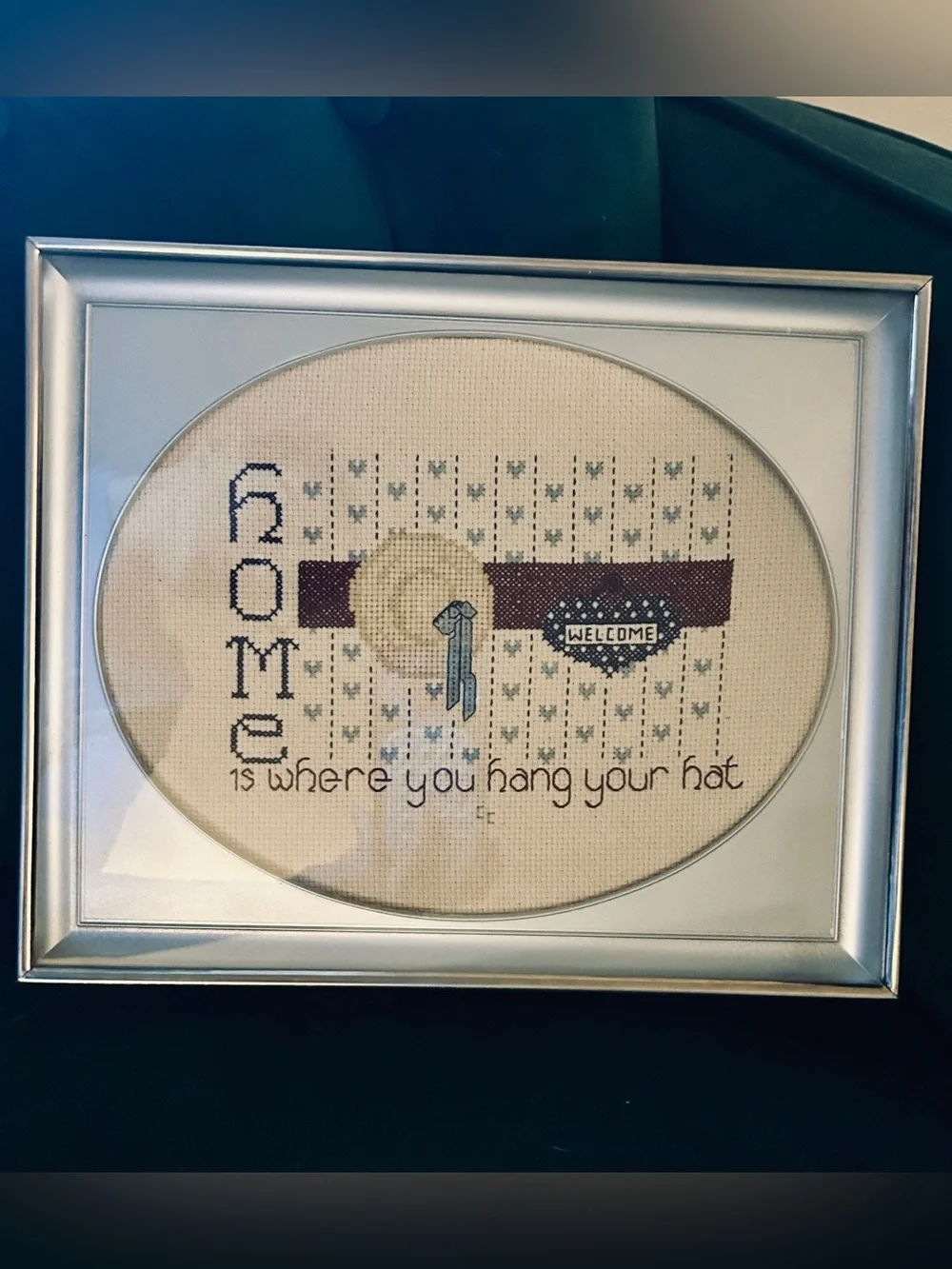 Framed Cross Stitch “Home is Where You Hang Your Hat”